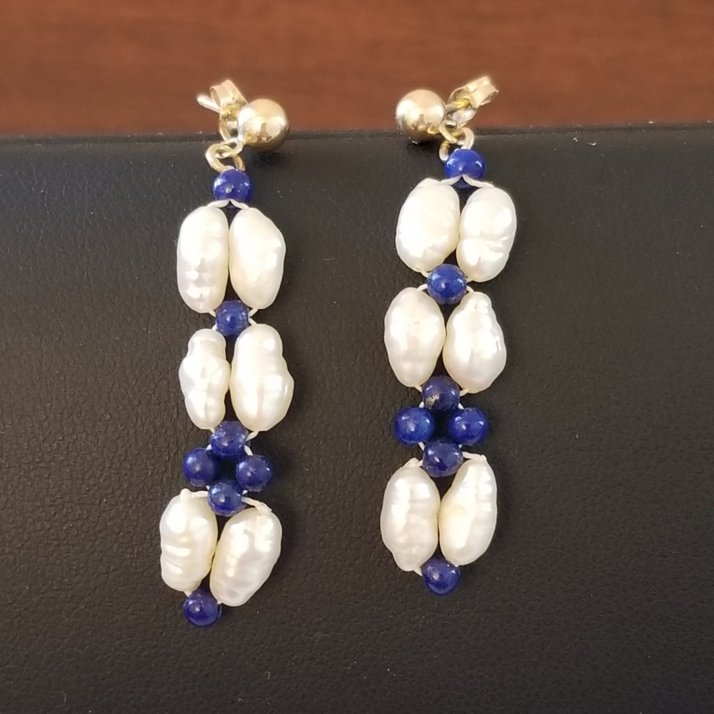 14K Gold Rice Pearl & Lapis Earrings